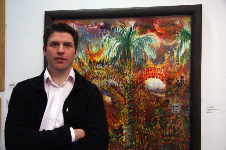 The Artist with his painting of Mahrashtra Palms, King's Lynn Arts Centre solo s - Neil Pittaway