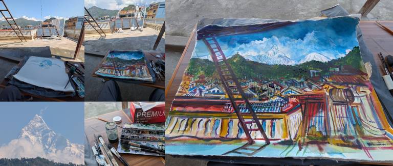 Painting and view from the roof of the Ciwec Hospital Pokhara Nepal - Neil Pittaway