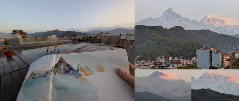 Painting in progress - the view of Machapuchare and the Annapurna range - Neil Pittaway
