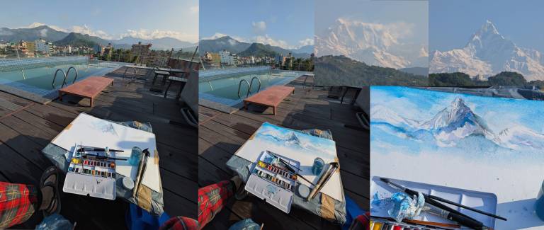 Painting stages of the Annpaurnas and view from the Dhalia - Neil Pittaway