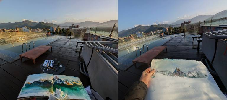 The Artyist painting the view from the  from the roof terrace of the Dhalia hote - Neil Pittaway