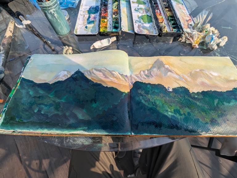 Sketch of Machapuchare just after being finished on location in Pockhara - Neil Pittaway
