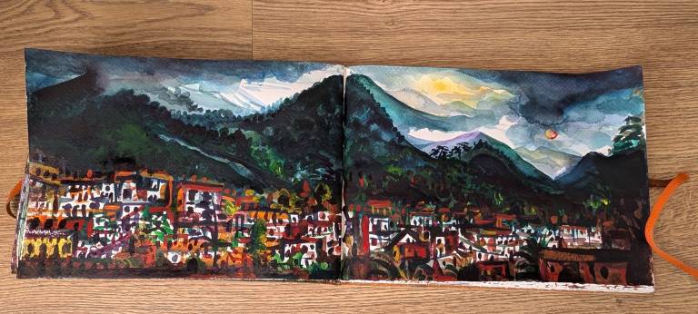 Sketch of the rooftops and mountains Pockhara - Neil Pittaway