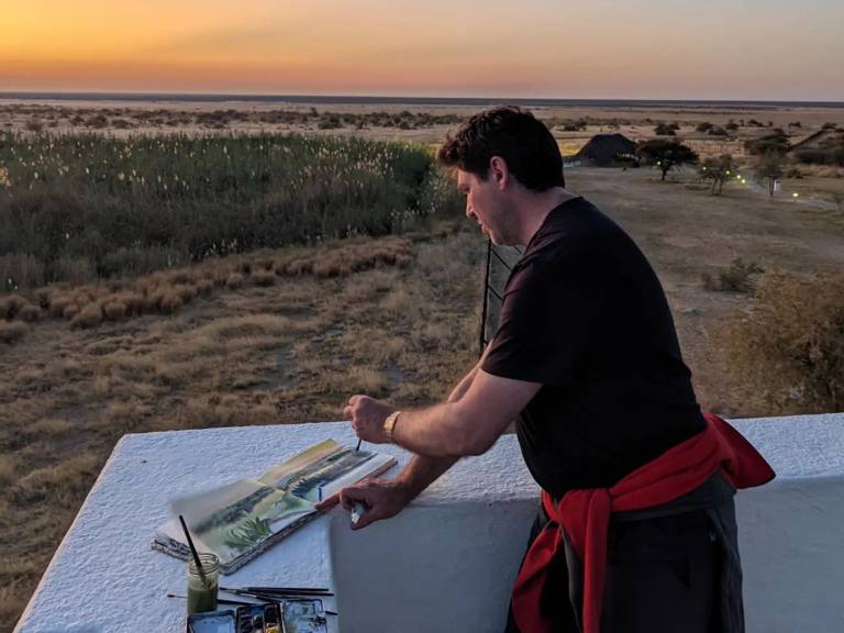 Neil Pittaway painting at Etosha National Park Namibia - Neil Pittaway
