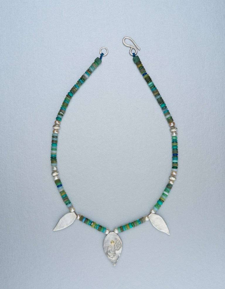 Duibhne Gough - Beaded necklace with silver leaf pendants & 18ct gold accent