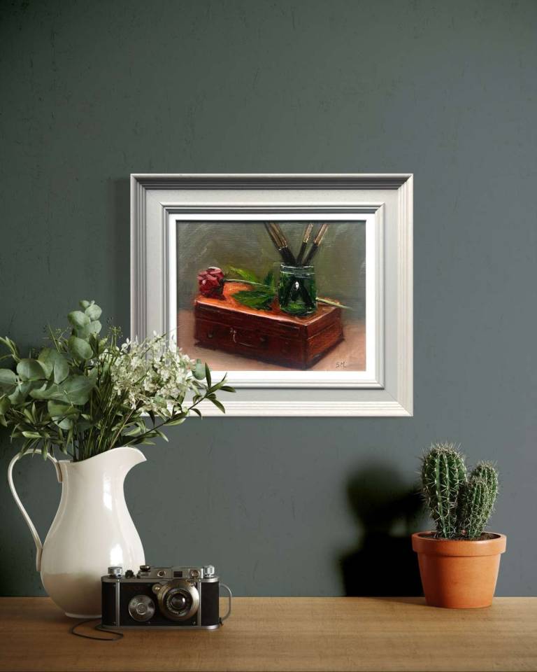 Antique Pochade Box, Green Glass & Red Rose - Sandy Morgan