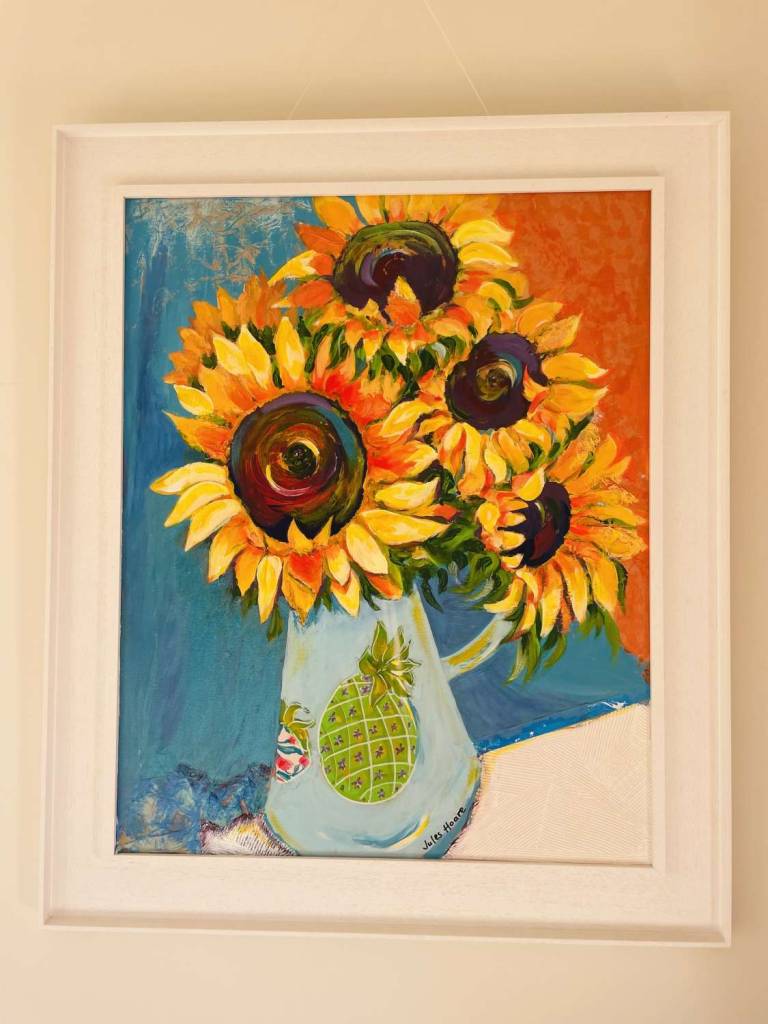 Sunflowers in blue jug - Jules Hoare