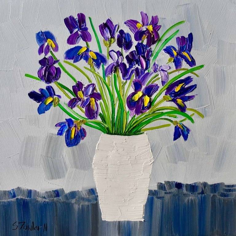 Irises in White Vase