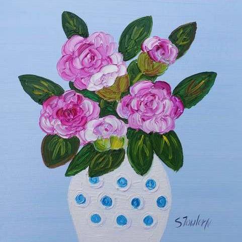 Pink Roses in Spotted Vase