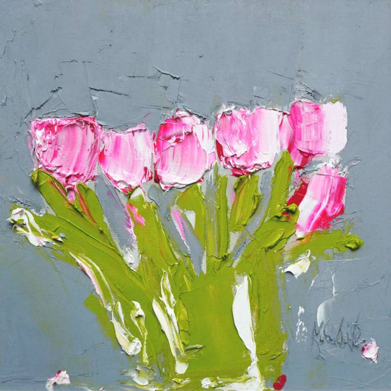Cerise Pink Tulips Against Grey Umber