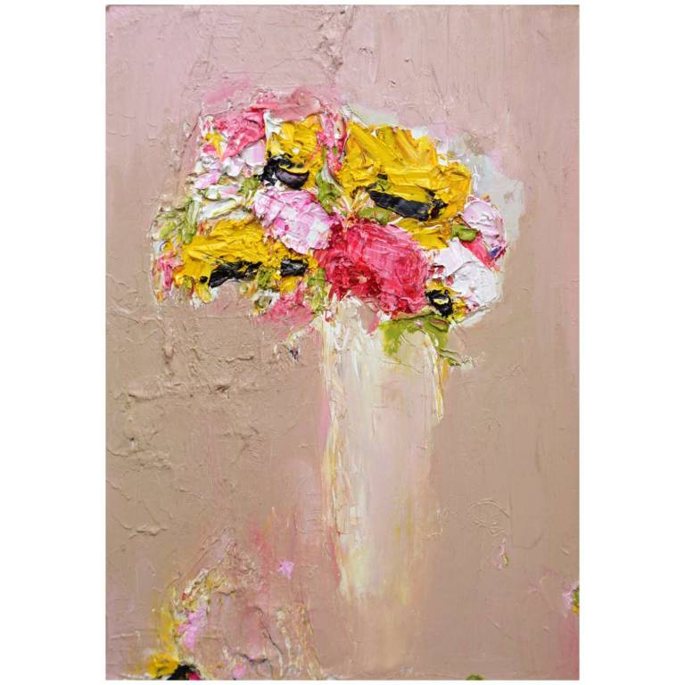 Peony, Garden Rose and Sunflower Against Dusk Pink